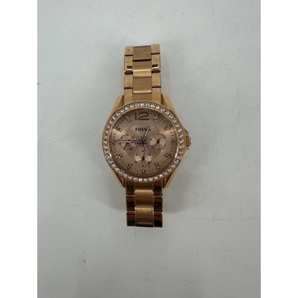 Fossil Riley Watch Women 41mm Rose Gold Tone Bling Day Date